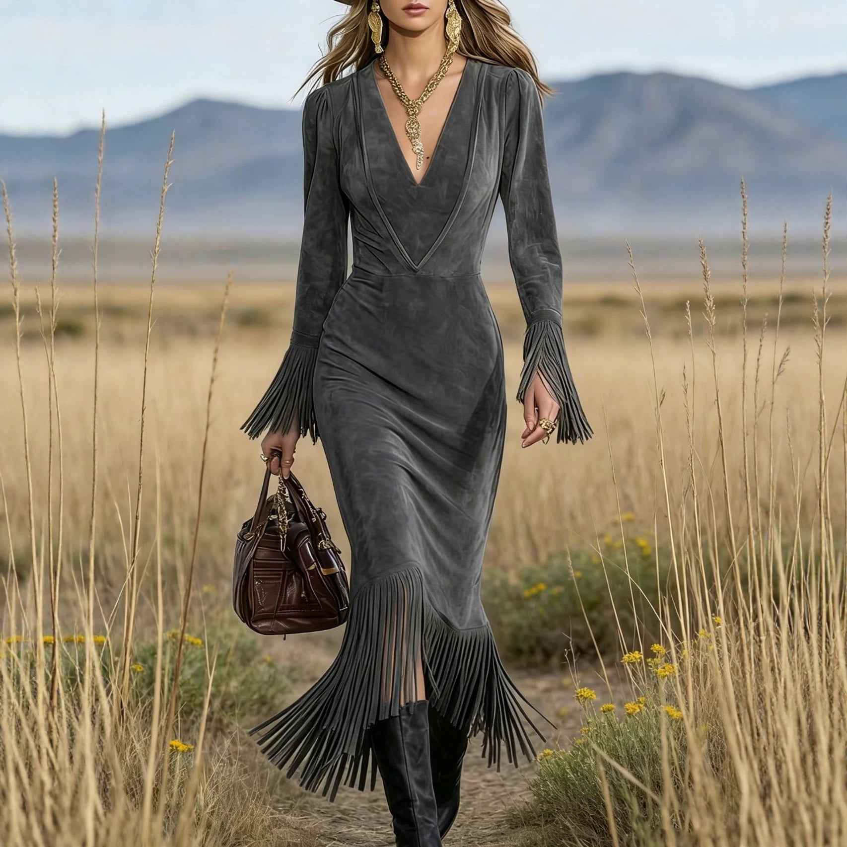 Retro Western Fringe Long-Sleeve Dress