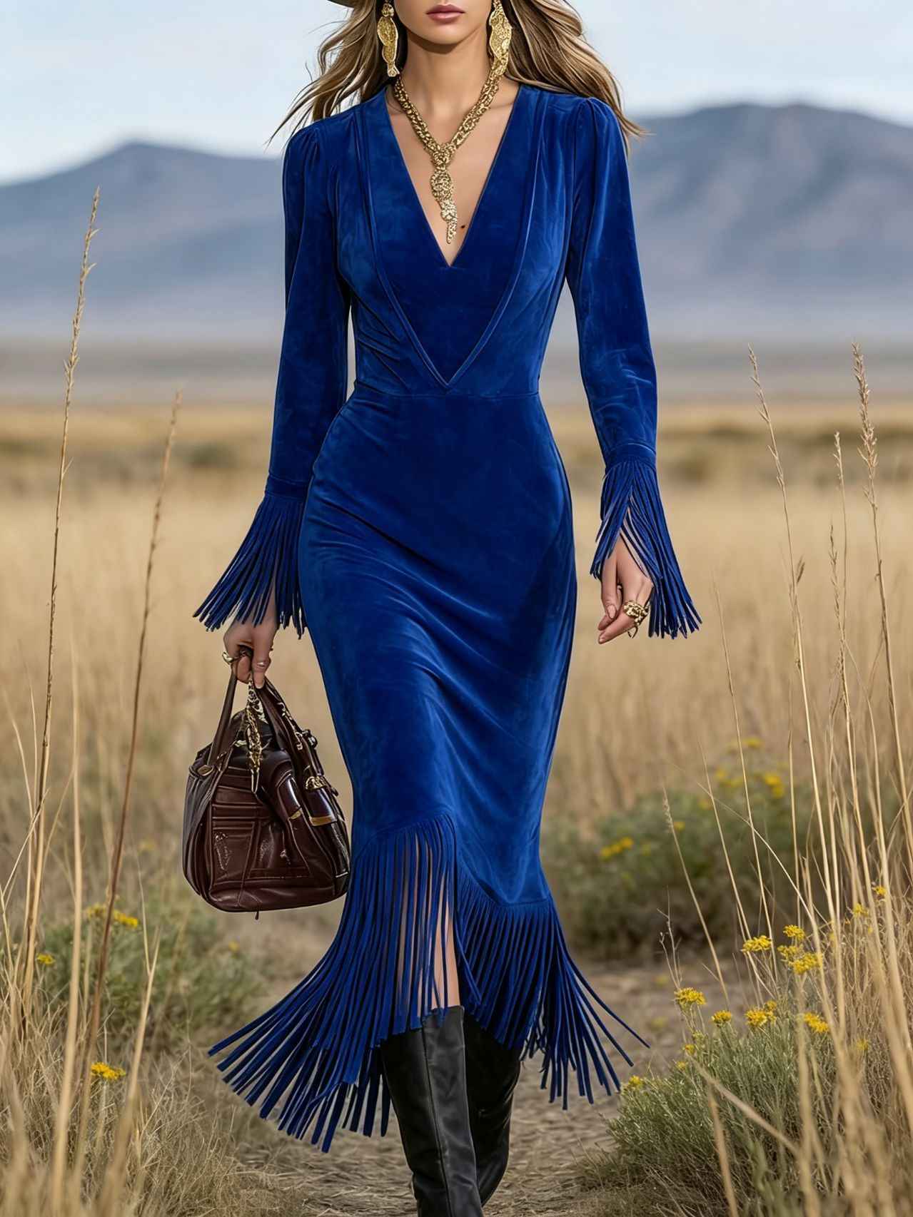 Retro Western Fringe Long-Sleeve Dress