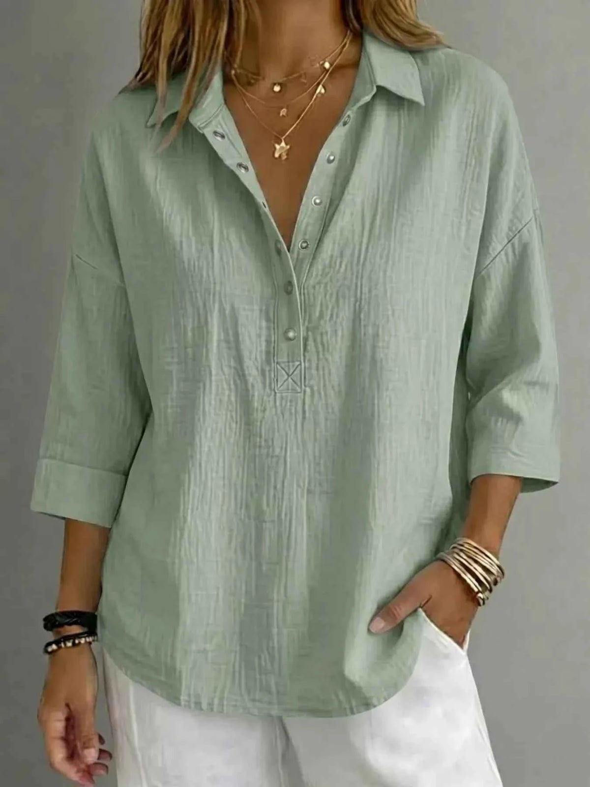 Full Size Snap Down 3/4 Sleeves Blouse Plus Size