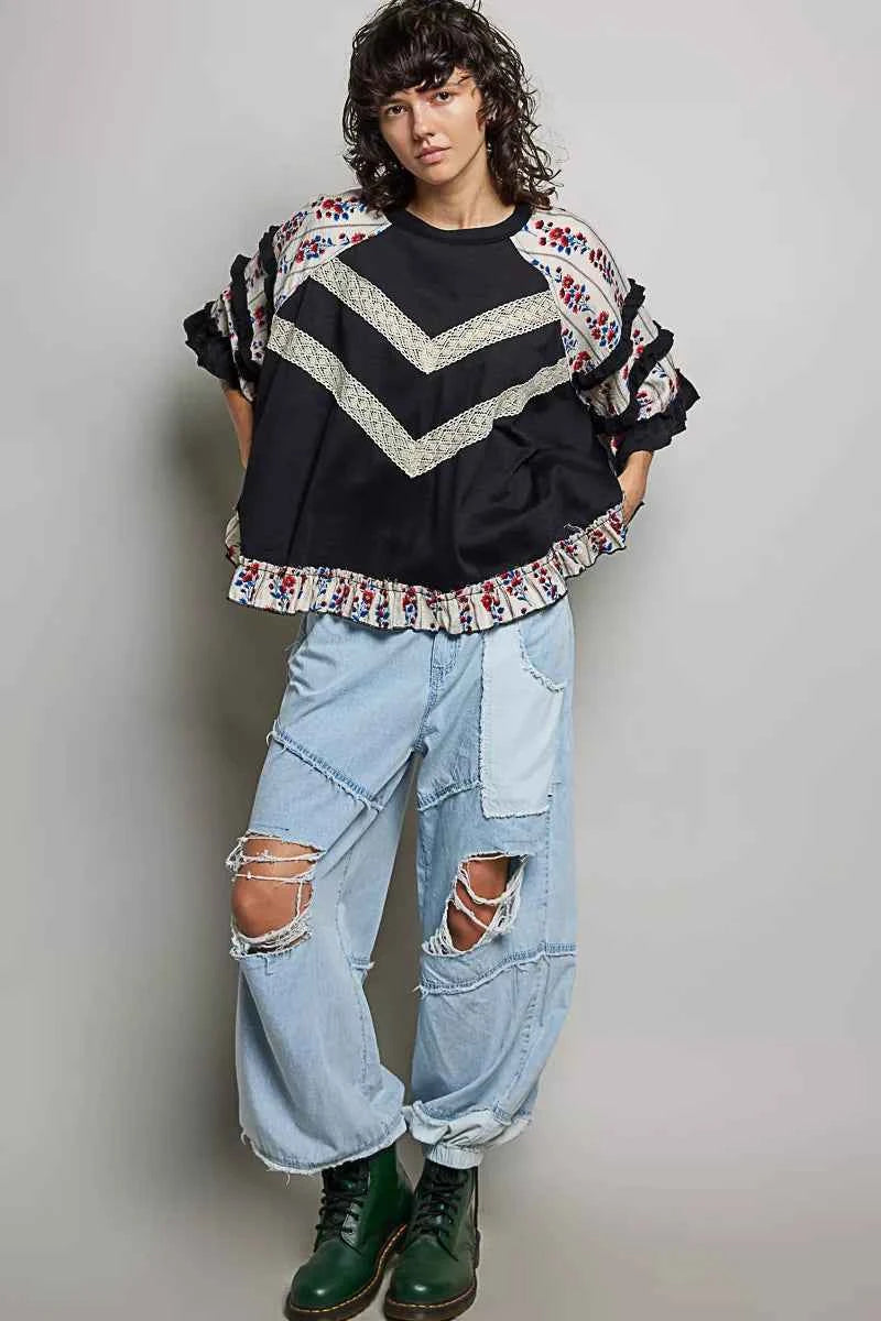 POL Round Neck Half Sleeve Contrast Floral Lace Oversized Knit Top