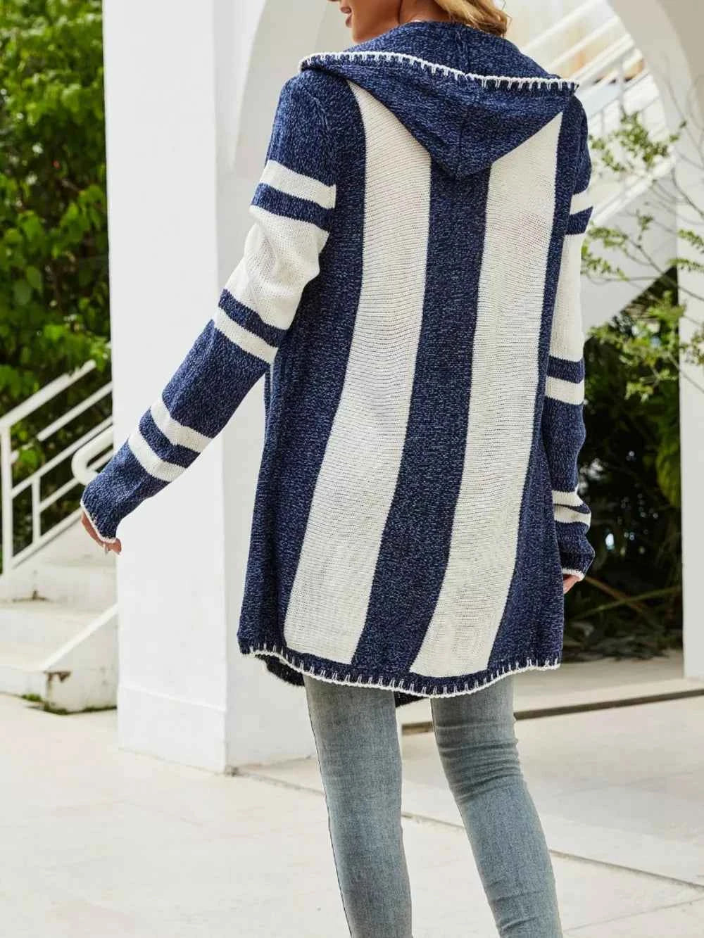 Striped Hooded Open Front Cardigan