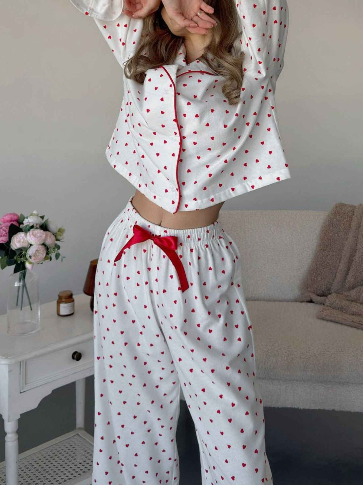 Heart Print Long Sleeve Top and Pants Lounge Set