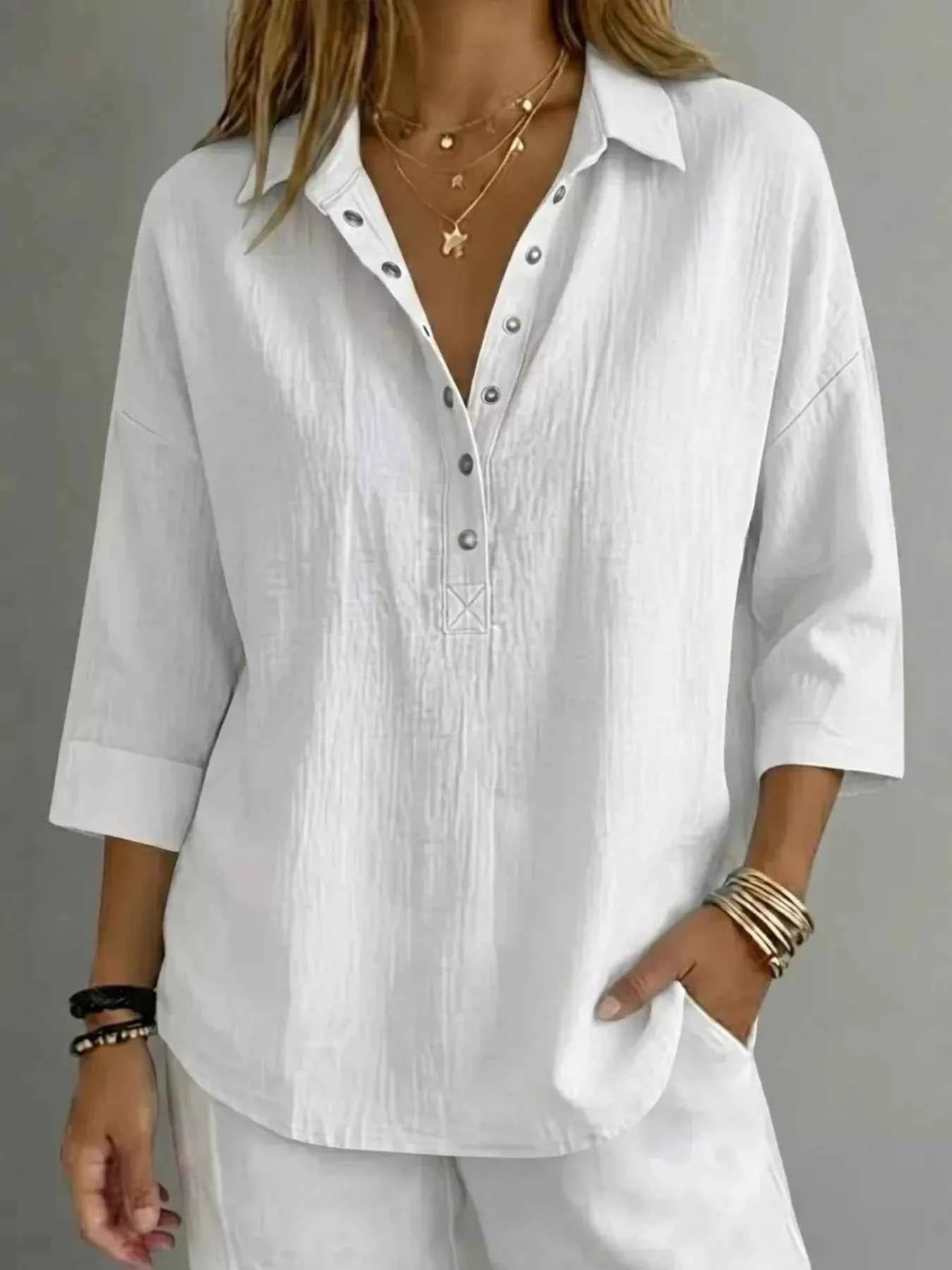 Full Size Snap Down 3/4 Sleeves Blouse Plus Size