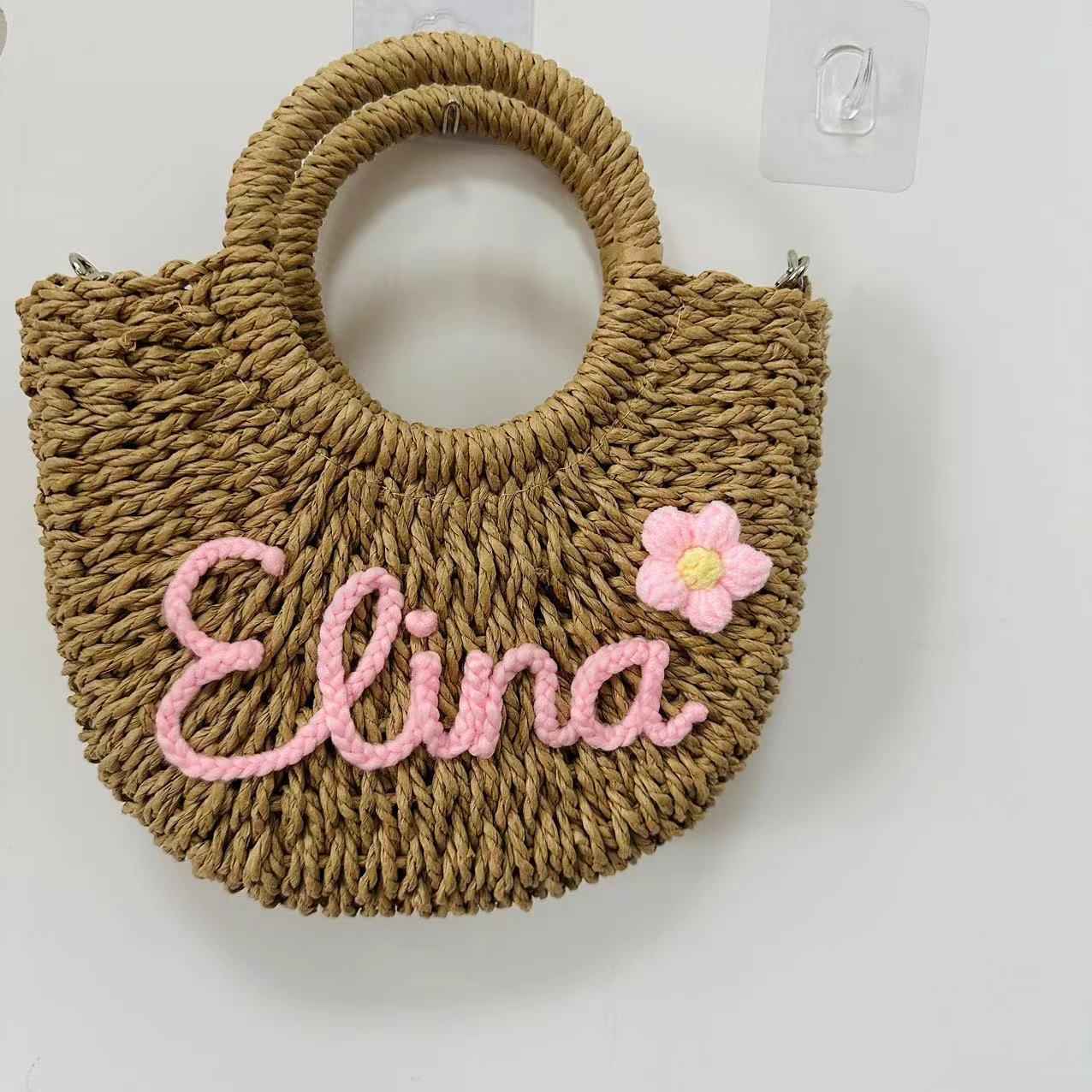 DIY Letter Name Seaside Vacation Style Grass Woven Handbag Straw Tote Crossbody Bag