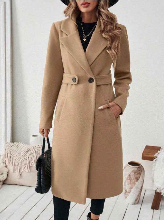Womens Solid-color Wool Coat With A Lapel And Double-breasted Design