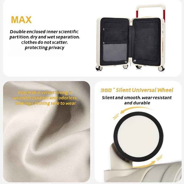 Wide Pull Rod Design Luggage Compartment, Front Open Lid, Stylish Large Capacity Luggage With Foldable Cup Holder And USB Interface
