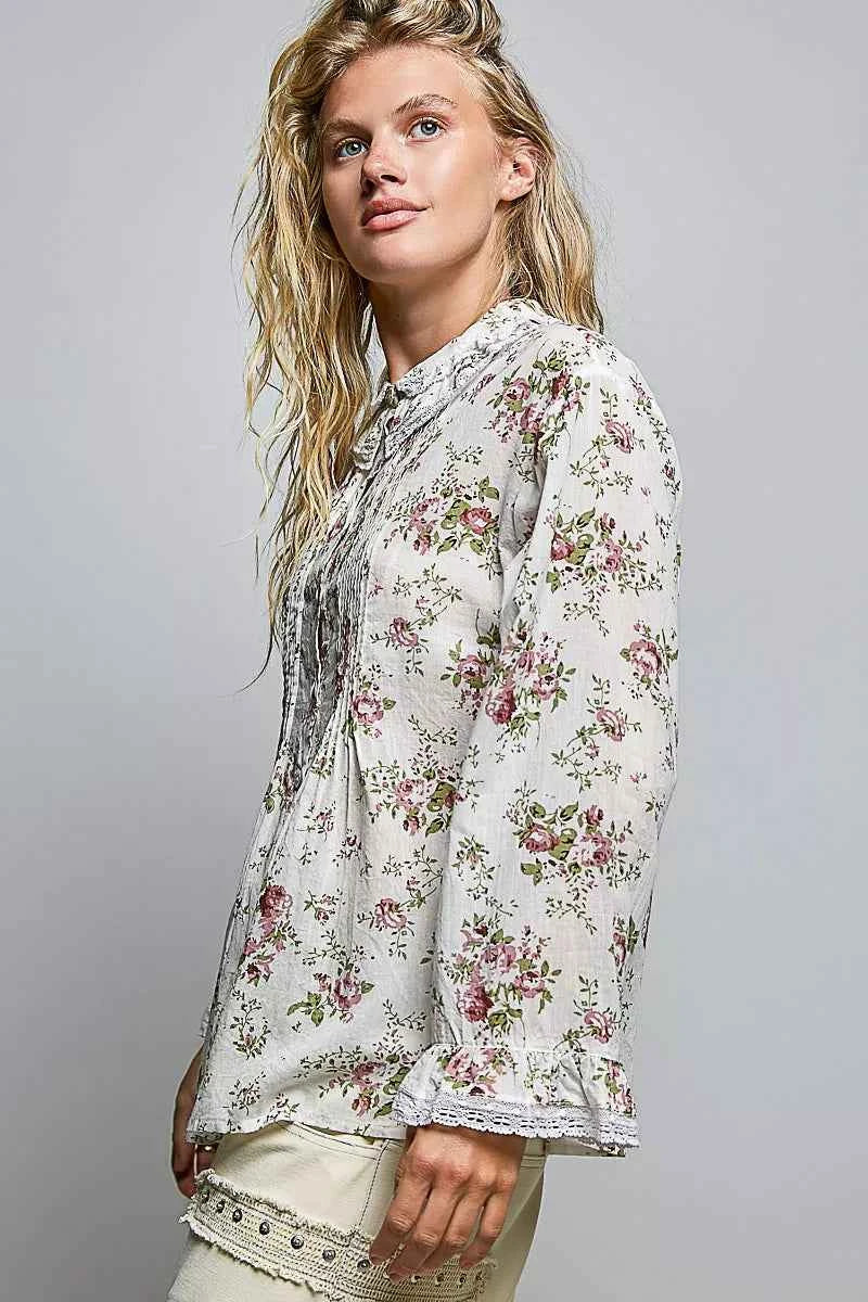 POL Floral Lace Trim Pintuck Button-Down Shirt