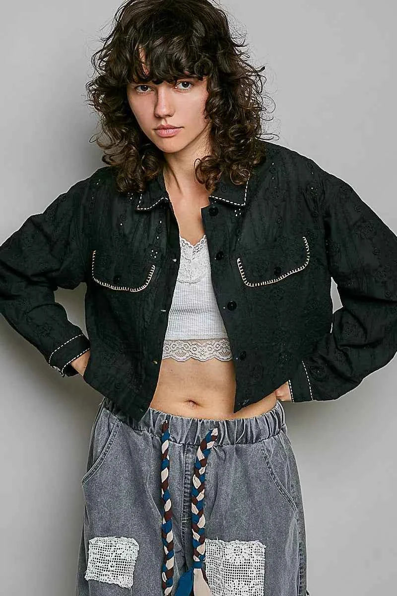 POL Cropped Button-Front Eyelet Cotton Jacket