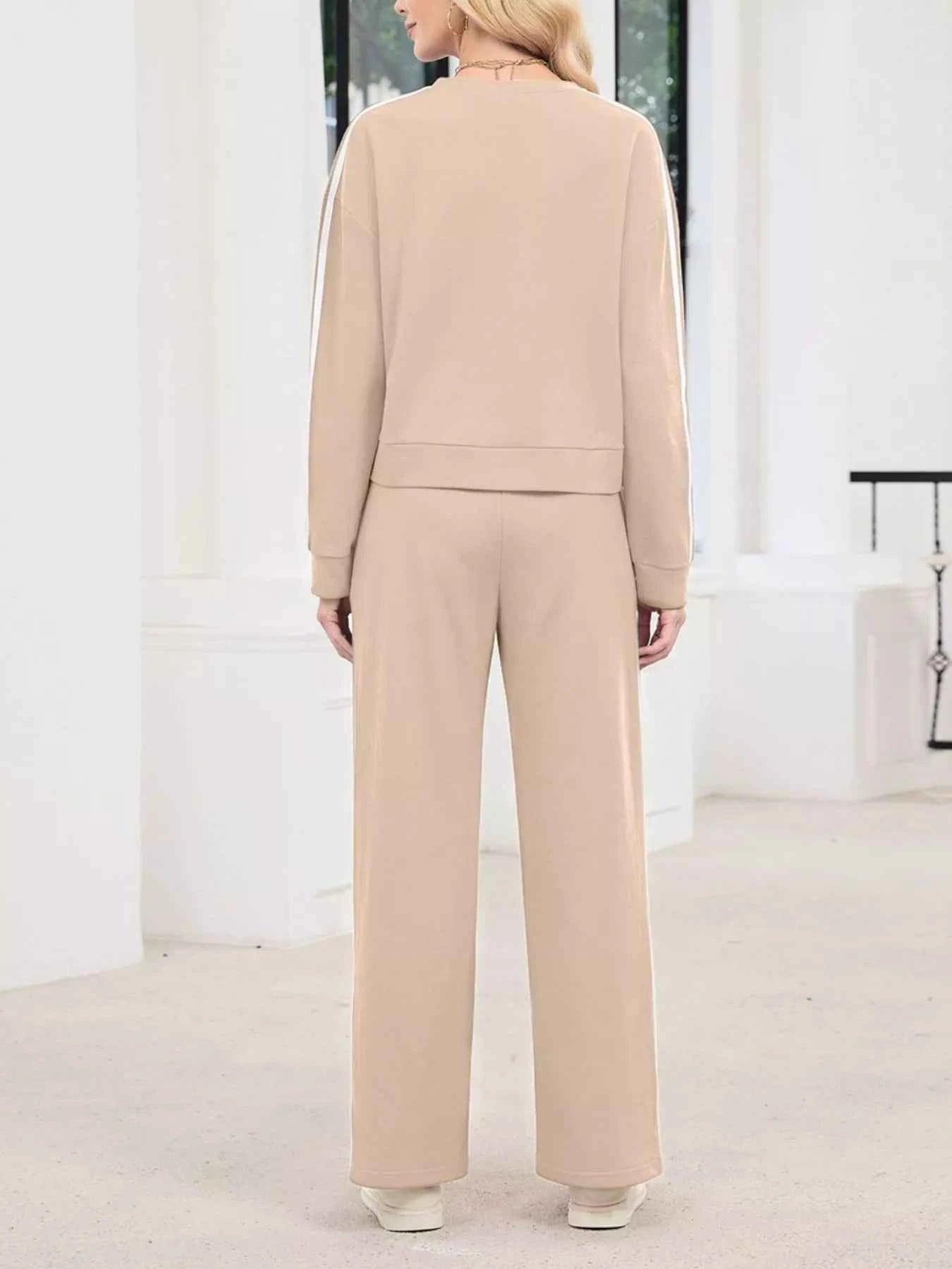 Striped Round Neck Sweatshirt and Pants Set
