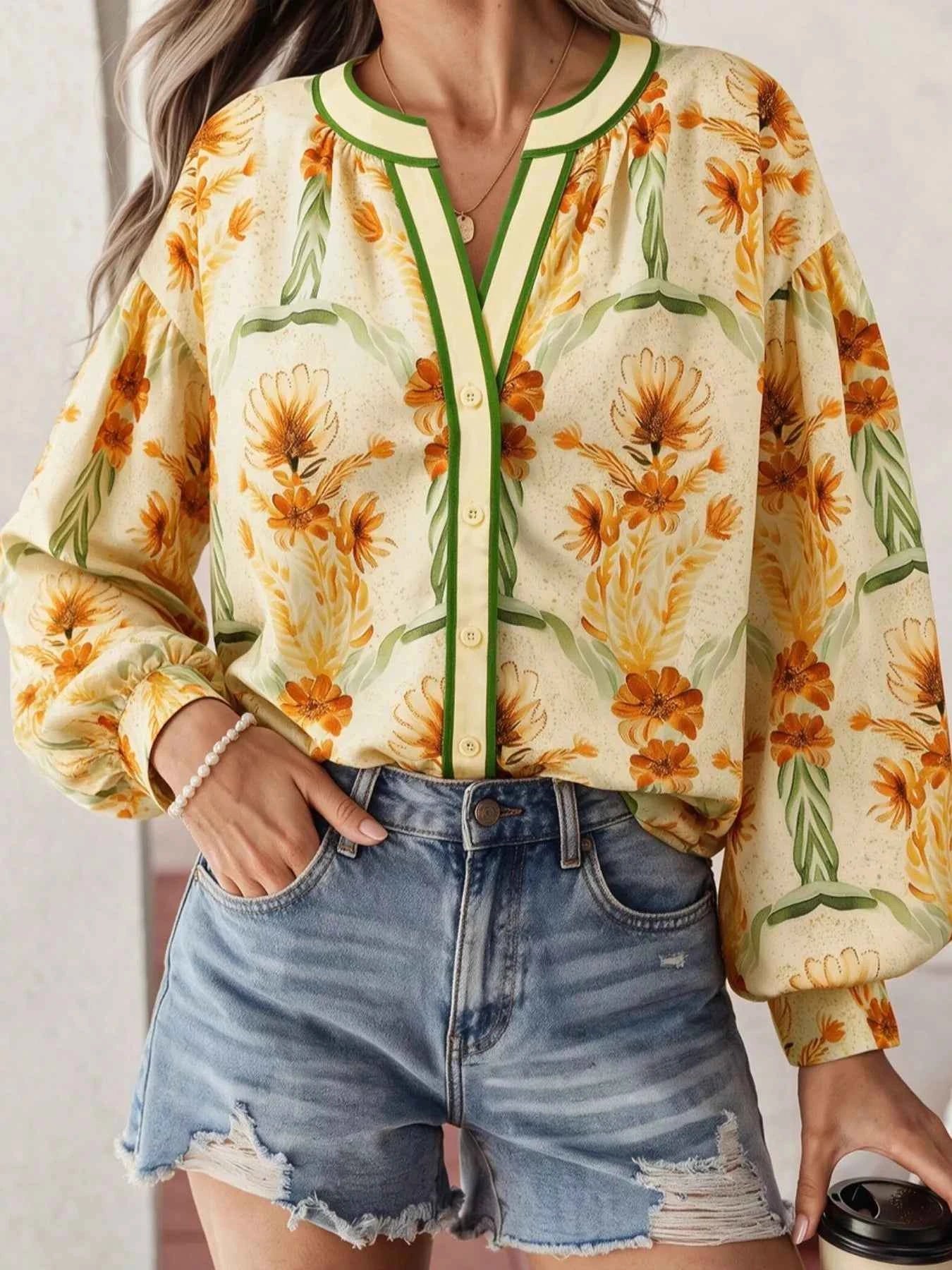 Floral Print V Neck Long Sleeve Shirt