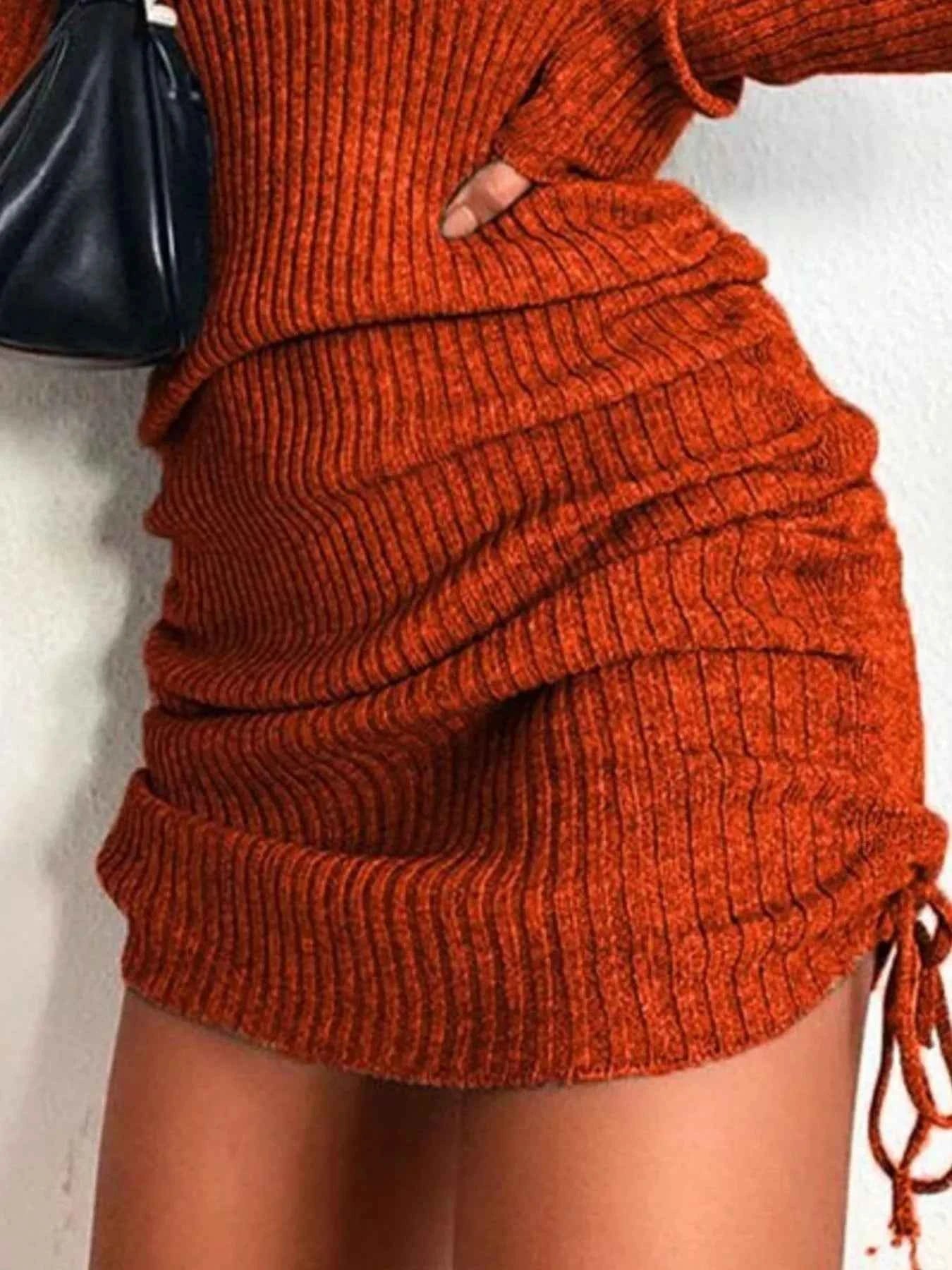 Full Size Ribbed Knit Drawstring Bodycon Sweater Dress Plus Size