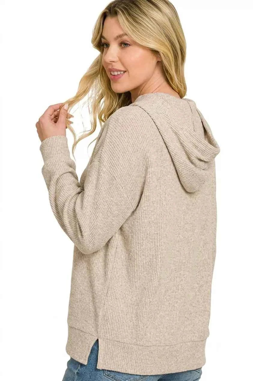 Zenana Brushed Ribbed Hacci Hoodie Pullover