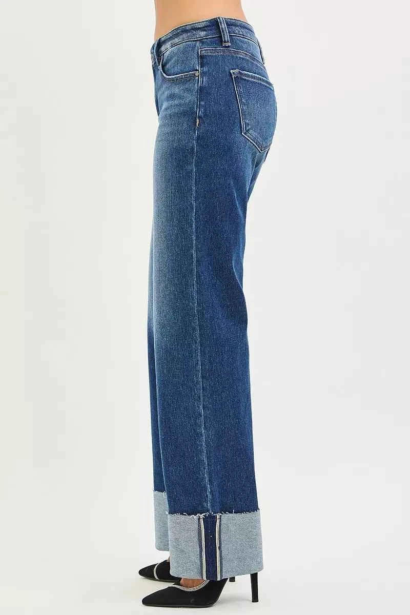 RISEN Mid Rise Wide Straight Jeans With Wide Cuff