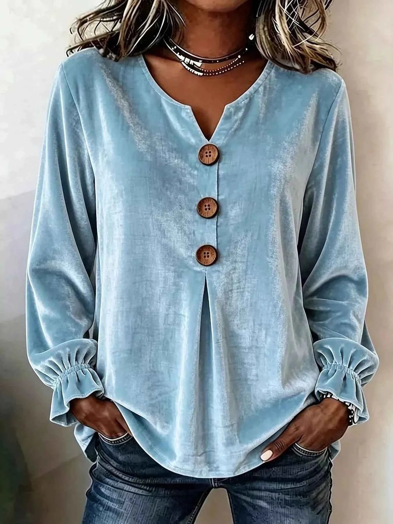 Full Size Velvet Button Decor Blouse with Ruffled Cuffs Plus Size