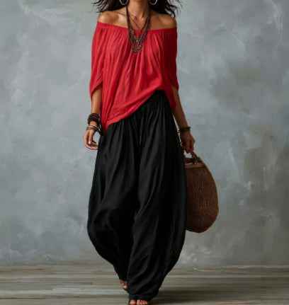 Women's Off-Shoulder Suit Long Sleeve Top And Flare Leg Pants Set - Loose Fit Casual Two Piece Outfit