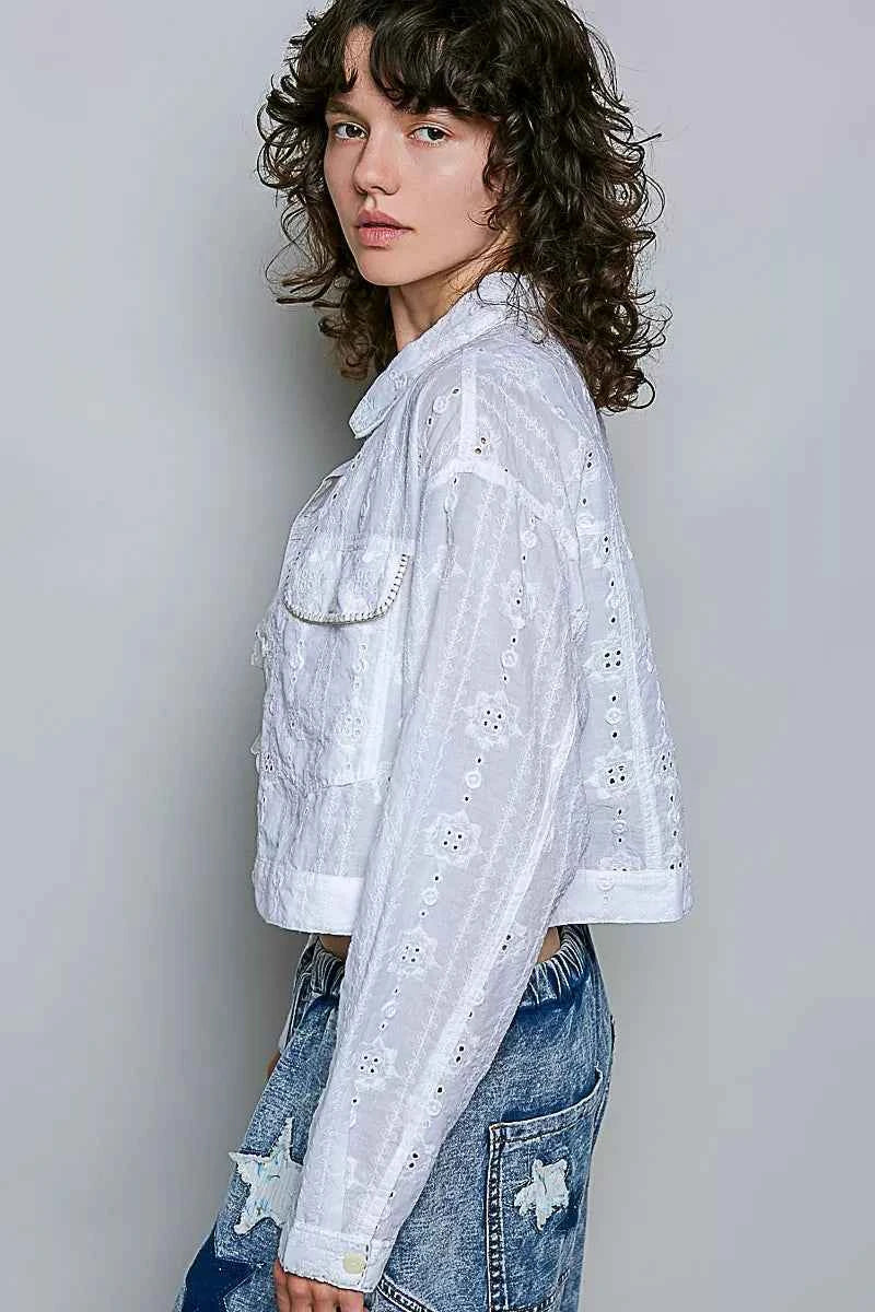 POL Eyelet Textured Cotton Cropped Button Front Jacket