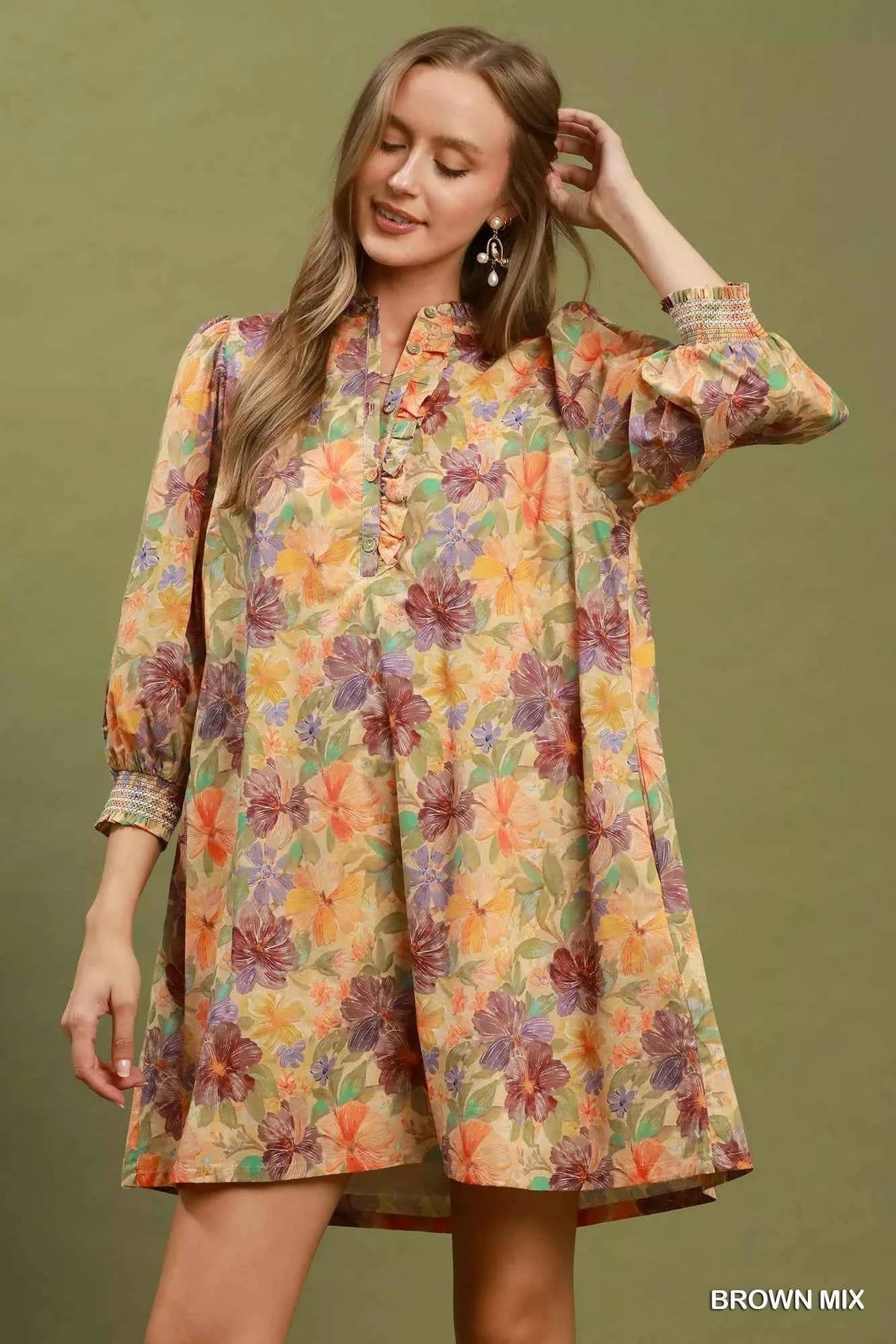 Umgee Mix Floral Print Smocked Cuff Mini Dress