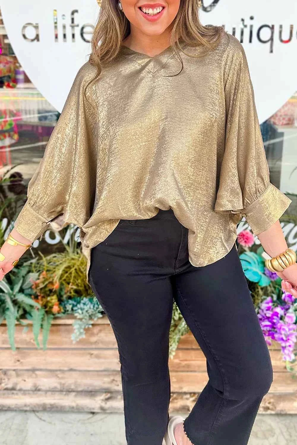 Metallic V Neck Button Cuffed Long Sleeve Dolman Blouse