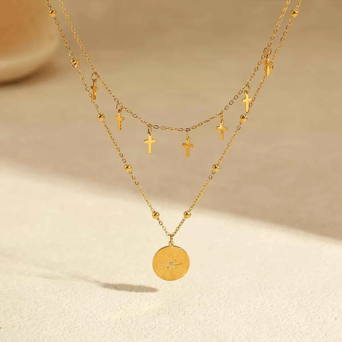 18K Gold-Plated Cross Double Layered Pendant Necklace
