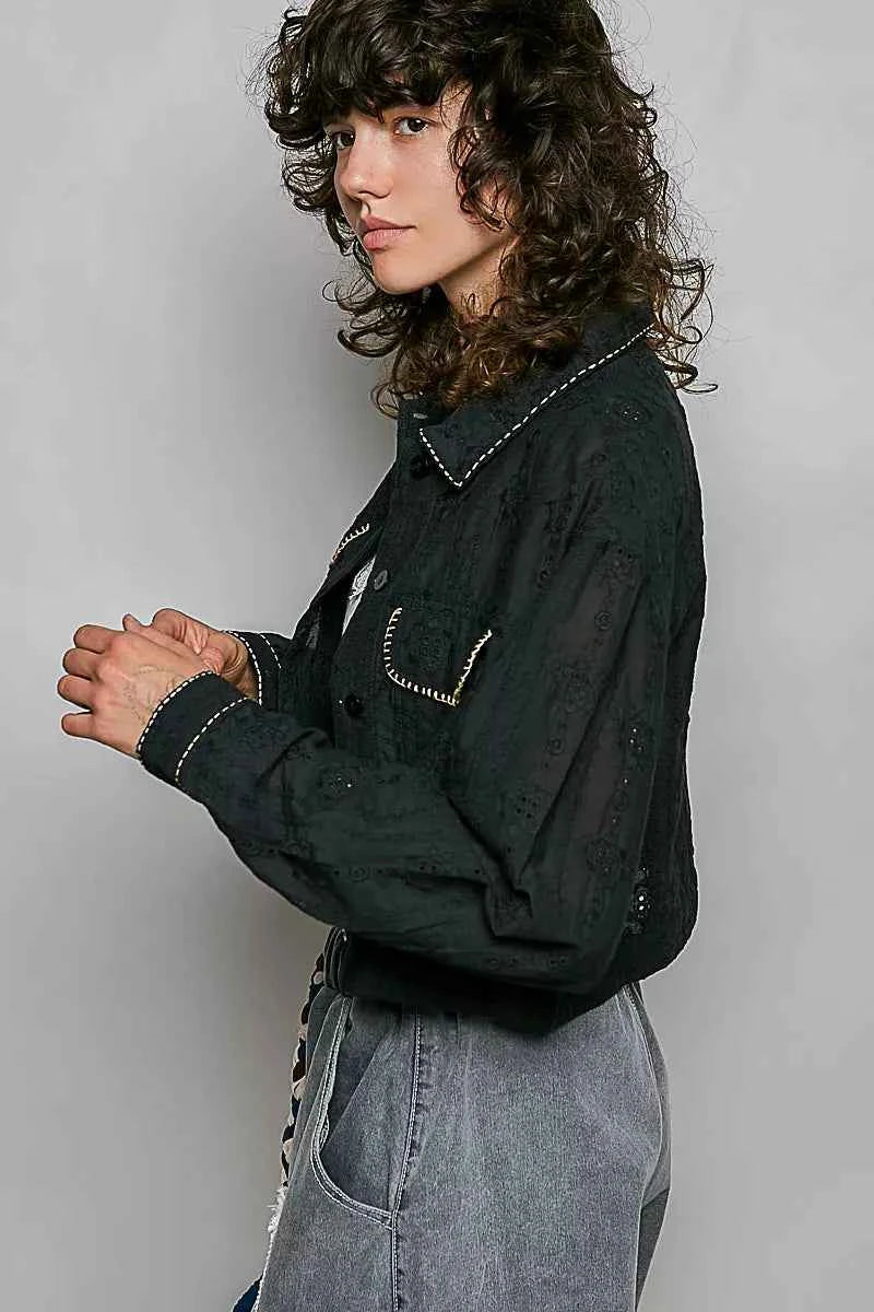 POL Cropped Button-Front Eyelet Cotton Jacket