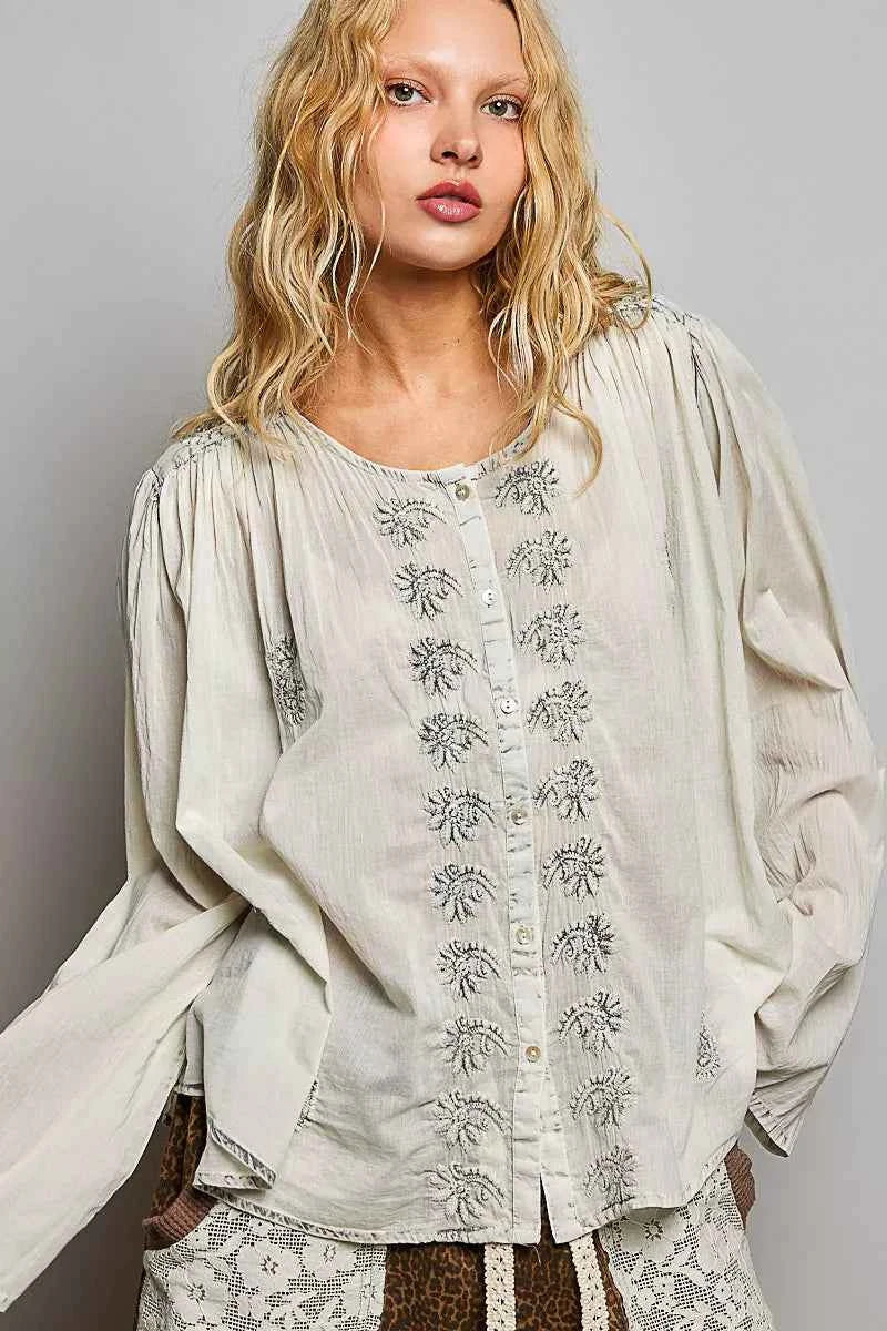 POL Embroidered Button Front Woven Shirt
