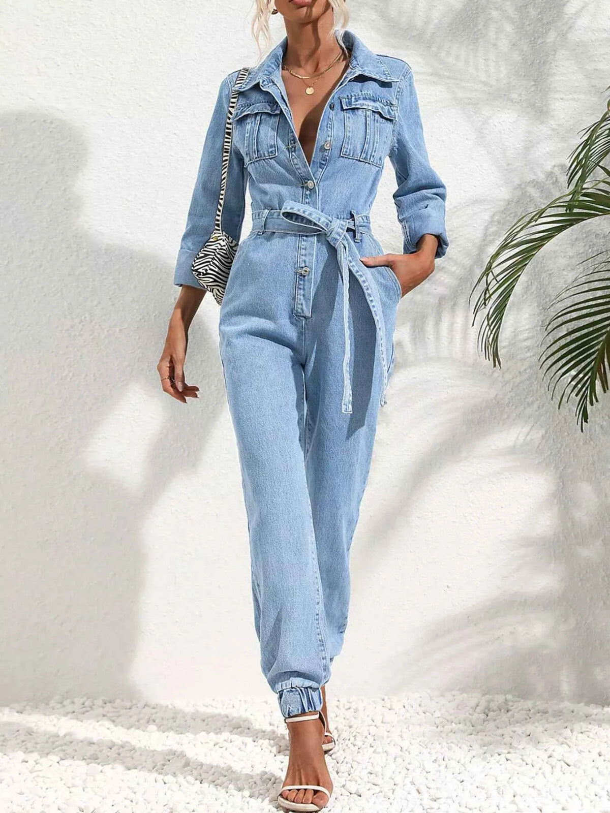Button Front Belt Denim Jumpsuit