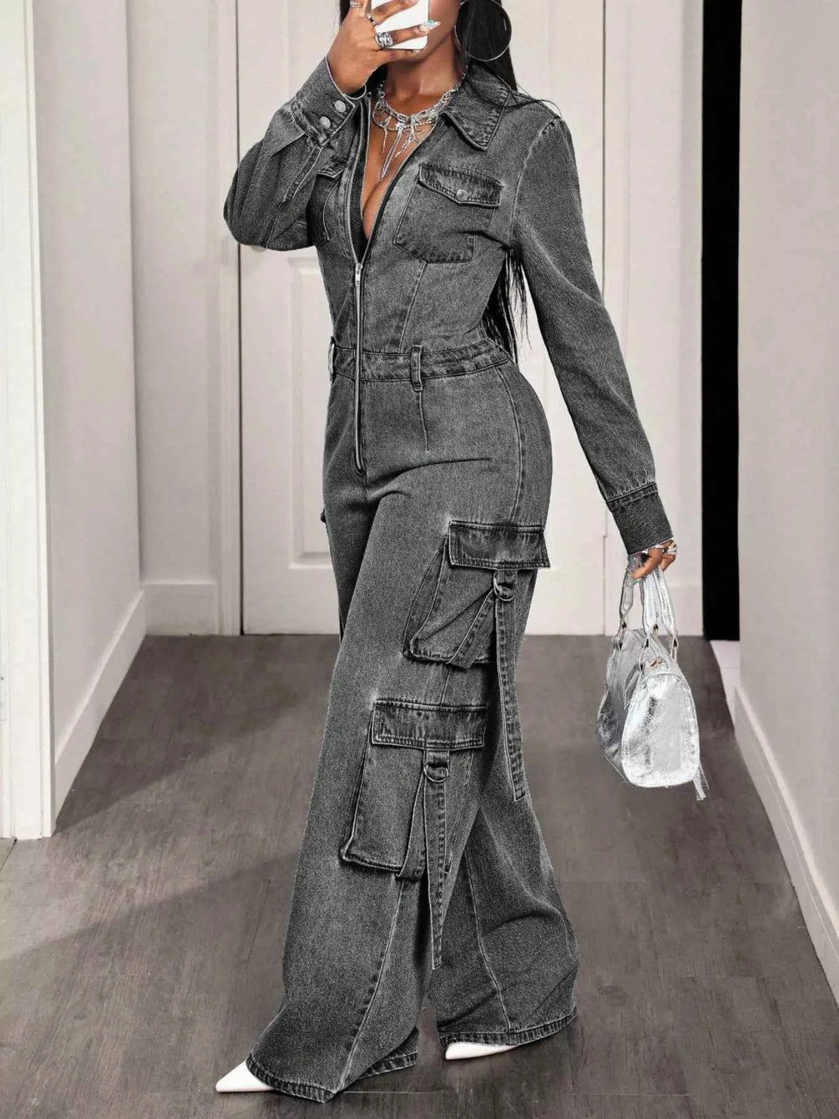 Zip Front Wide Leg Cargo Denim Jumpsuit