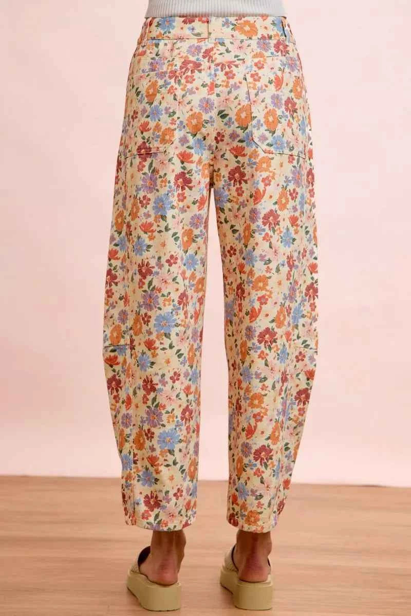 BiBi Washed Floral Printed Twill Barrel Pants