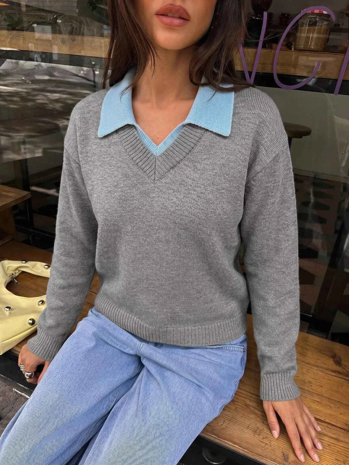 Contrast Collar Dropped Shoulder Sweater