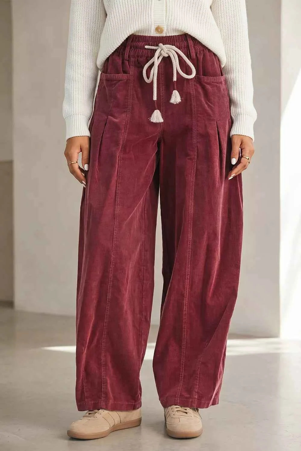 Elastic Waist Drawstring Corduroy Casual Pants