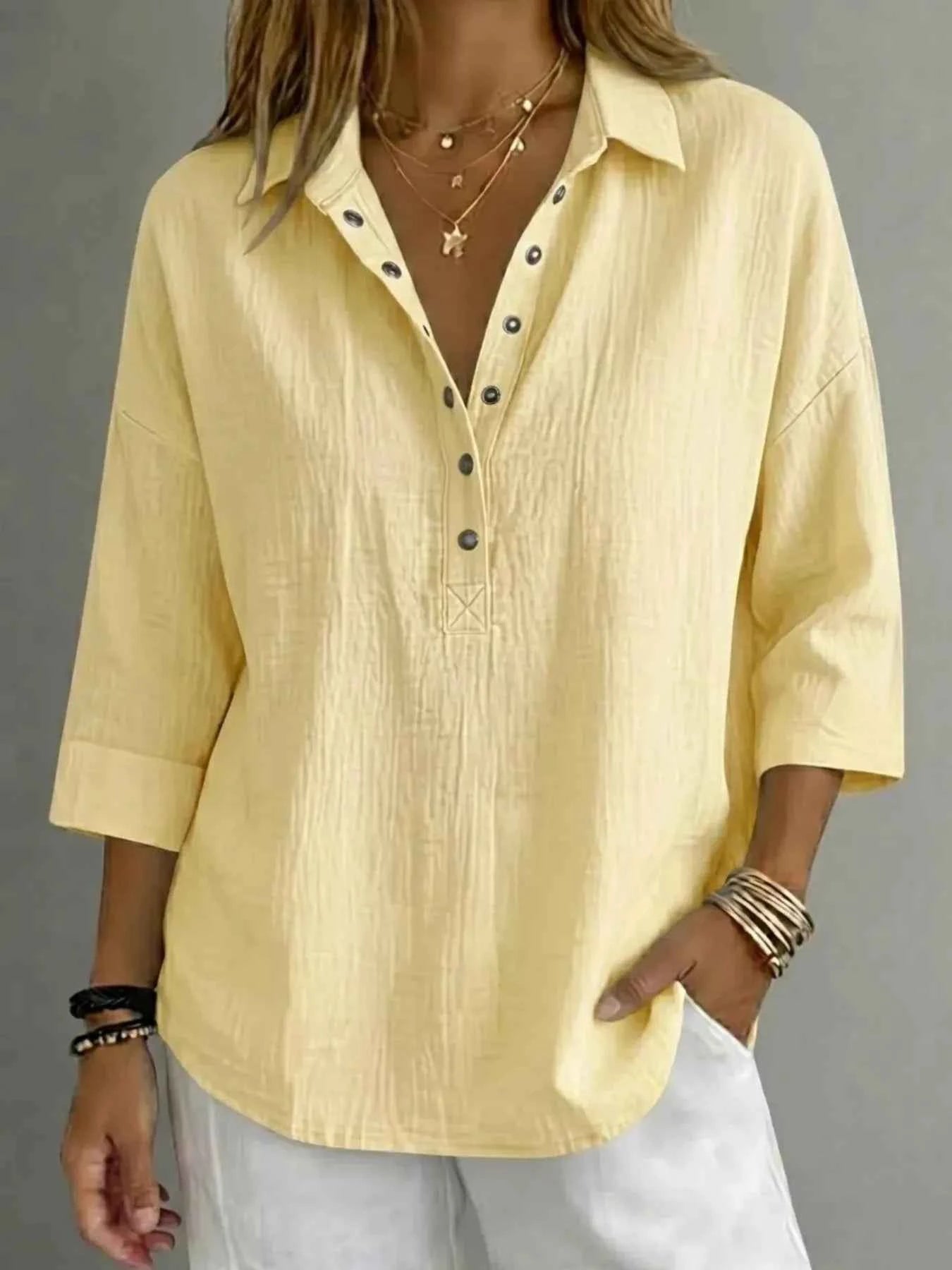 Full Size Snap Down 3/4 Sleeves Blouse Plus Size