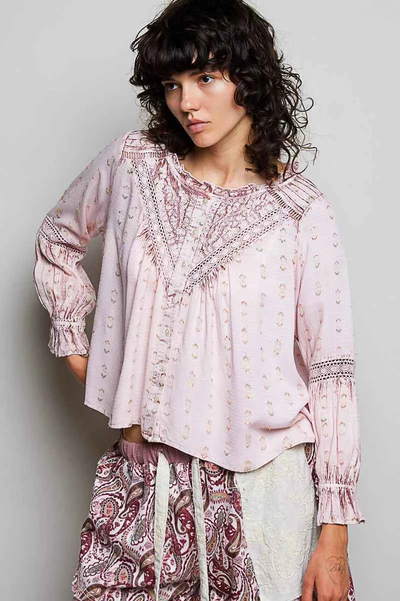 POL Mixed-Pattern Lace Detail Blouse