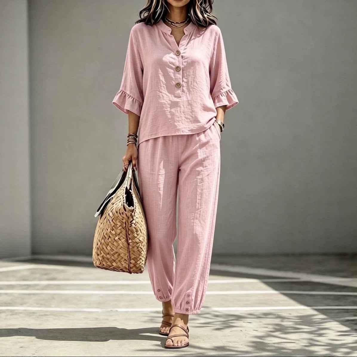 2pcs Set Women's Casual V-neck Collar Button Top Three-quarter-sleeve Top And Cropped Wide Leg Trousers Set Retro Female Office Suit