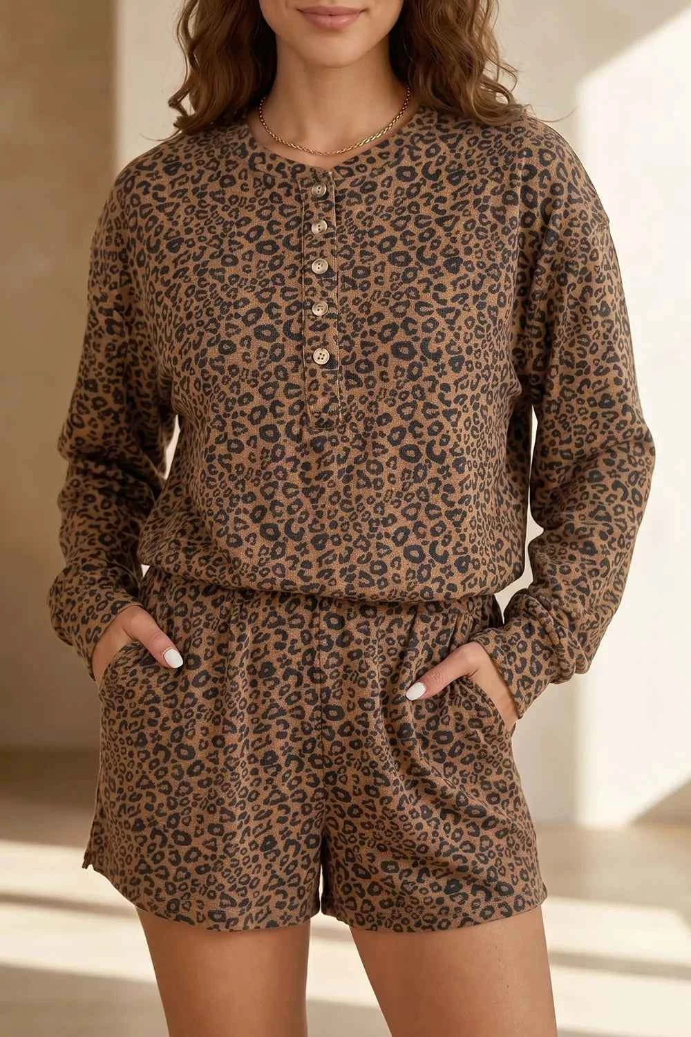 Leopard Print Long Sleeve Henley Top Elastic Waist Shorts 2pcs Outfit