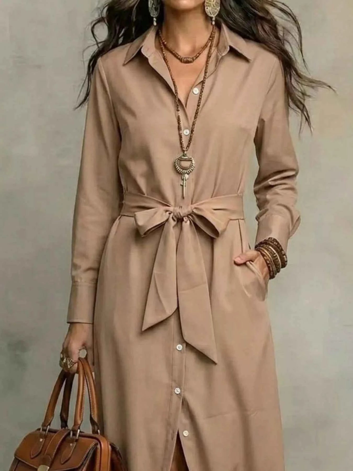 Full Size Tie Waist Long Sleeve Shirt Dress Plus Size