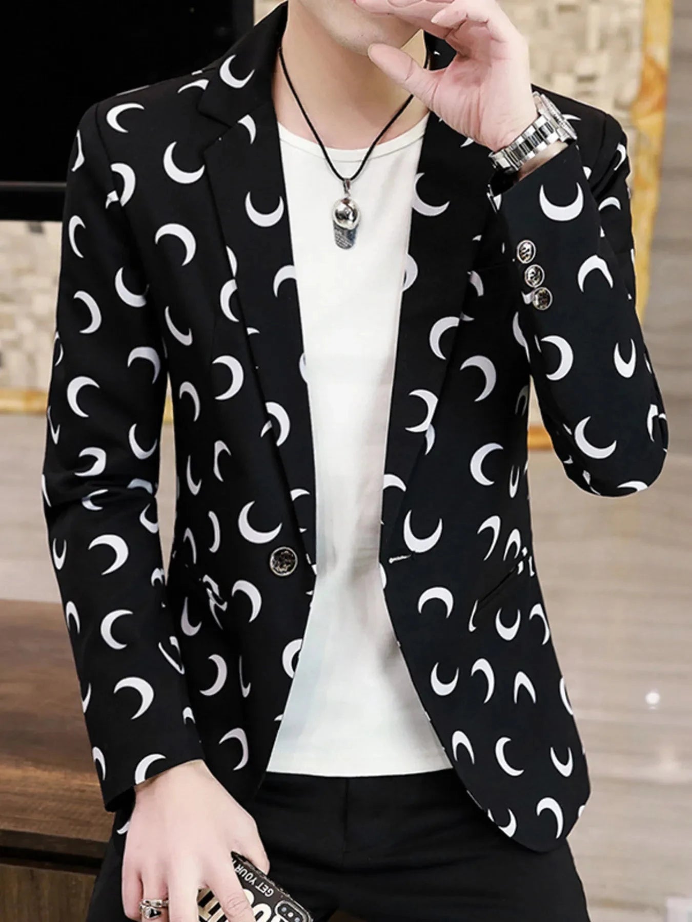Men's Plus Size Crescent Moon Print One Button Blazer
