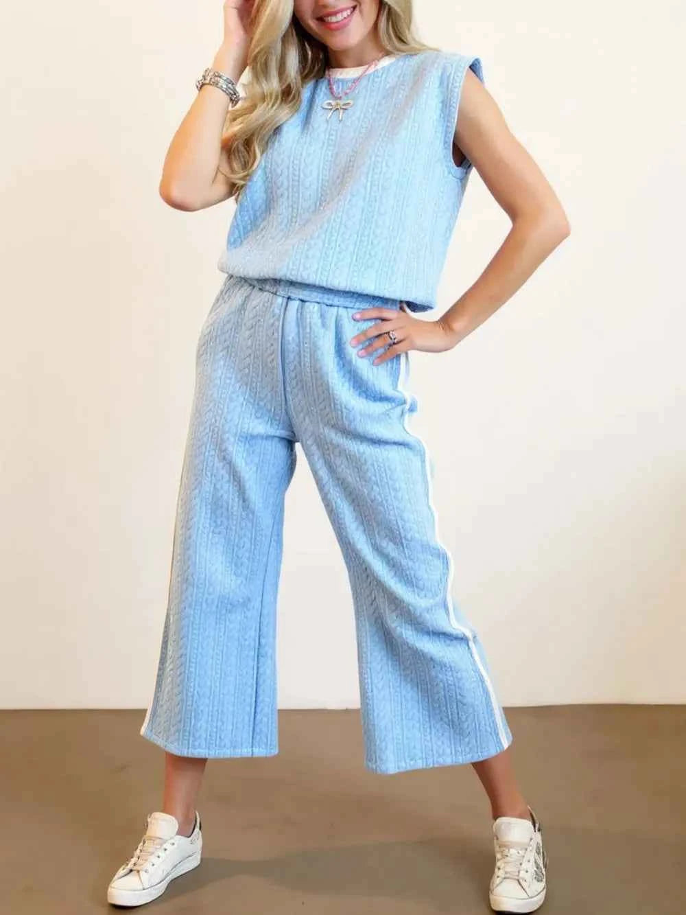 Oh Full Size Texture Contrast Trim Round Neck Top and Pants Set