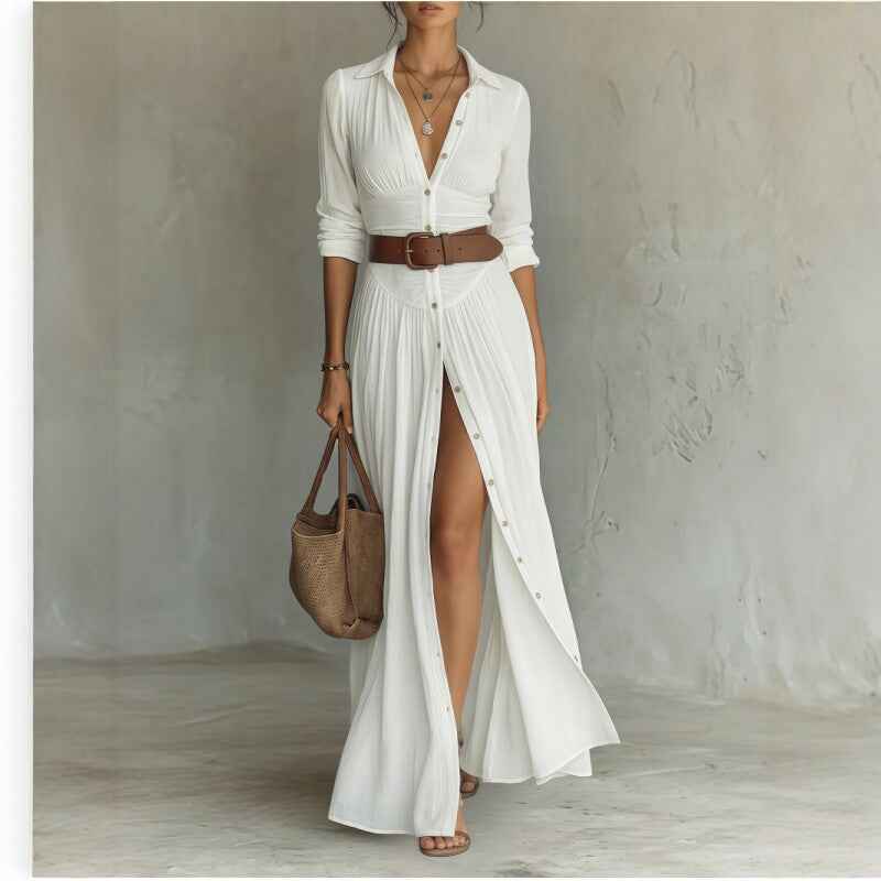 Women's Casual V-Neck Long Dress with High Side Split - Versatile Loose Fit Maxi Gown for Daily Wear