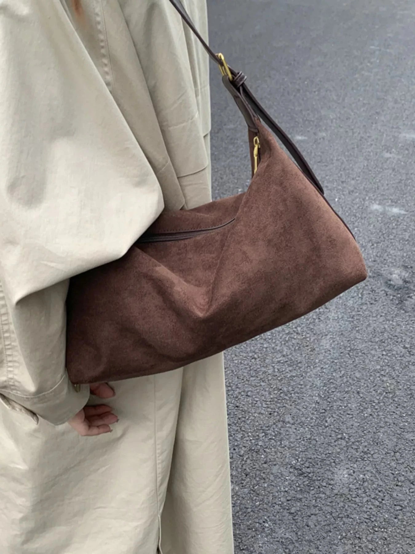 Solid Color Suede Hobo Crossbody Bag