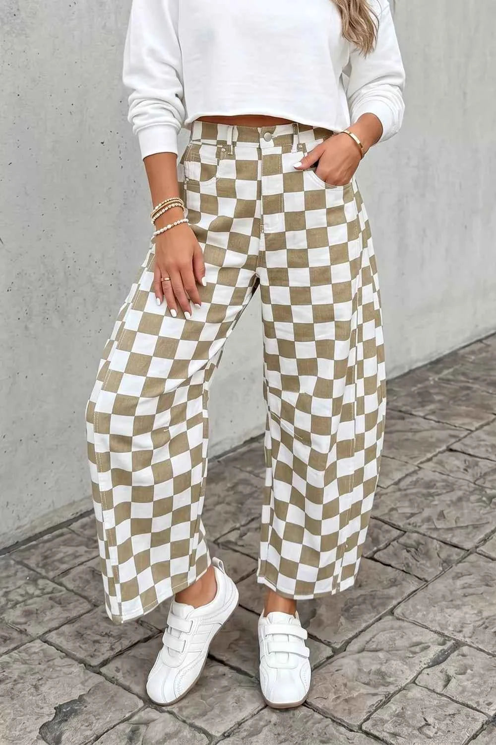 Checkered Print Denim Barrel Pants