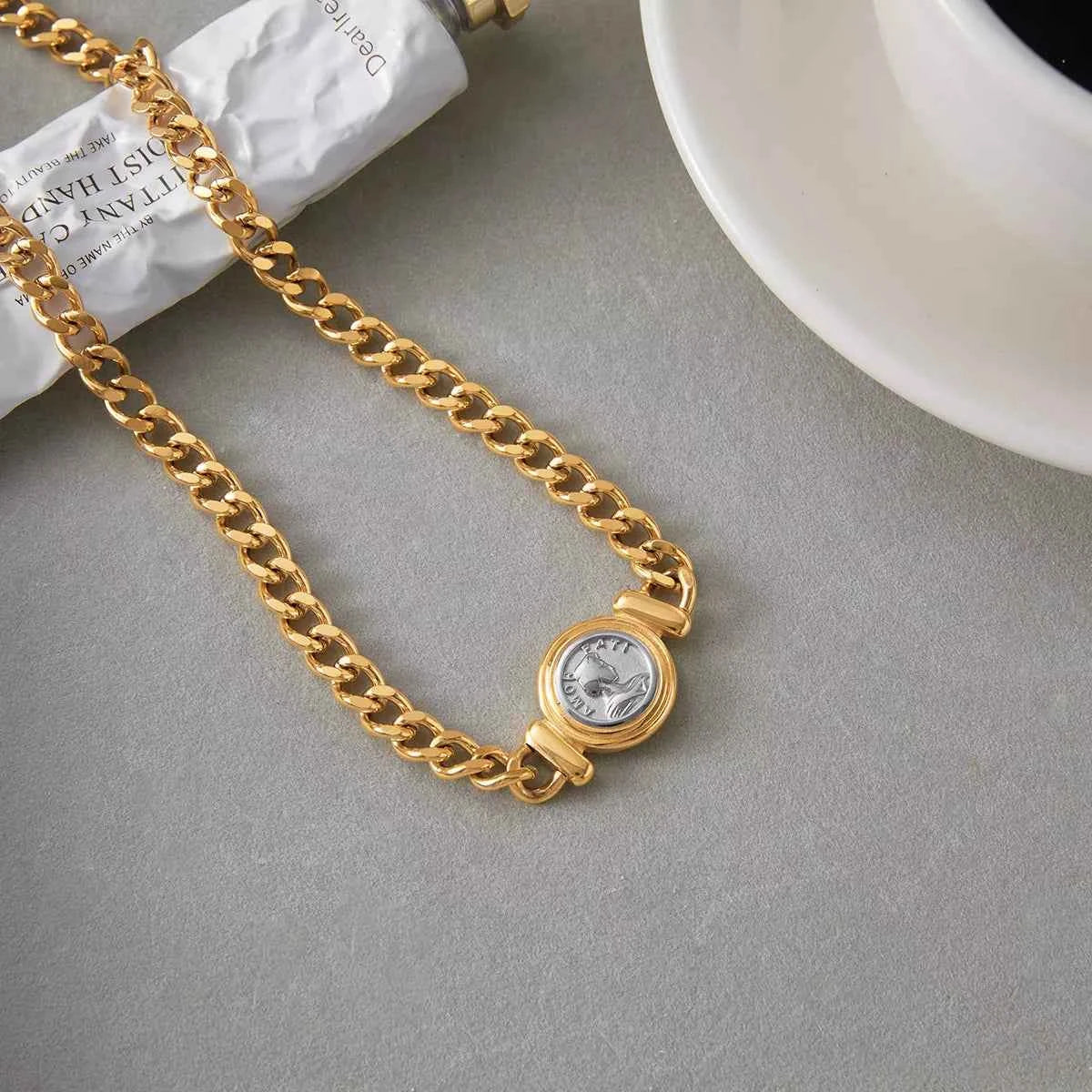 18K Gold-Plated Vintage Coin Charm Curb Chain Necklace