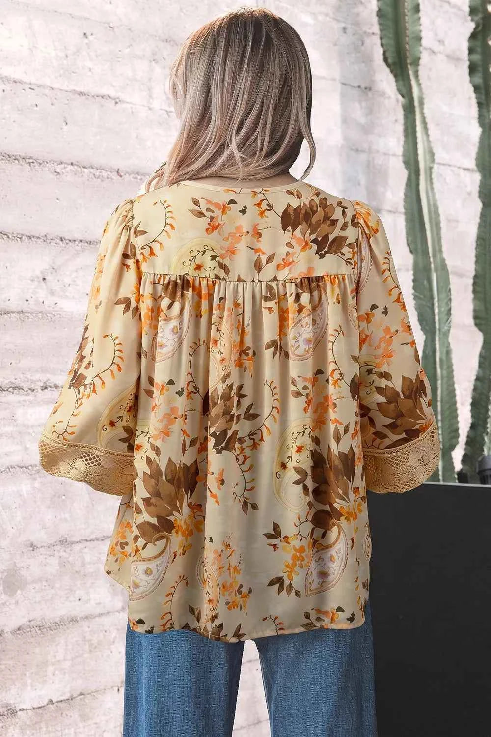 Paisley Print Decorative Binding Tape V Neck Shift Blouse