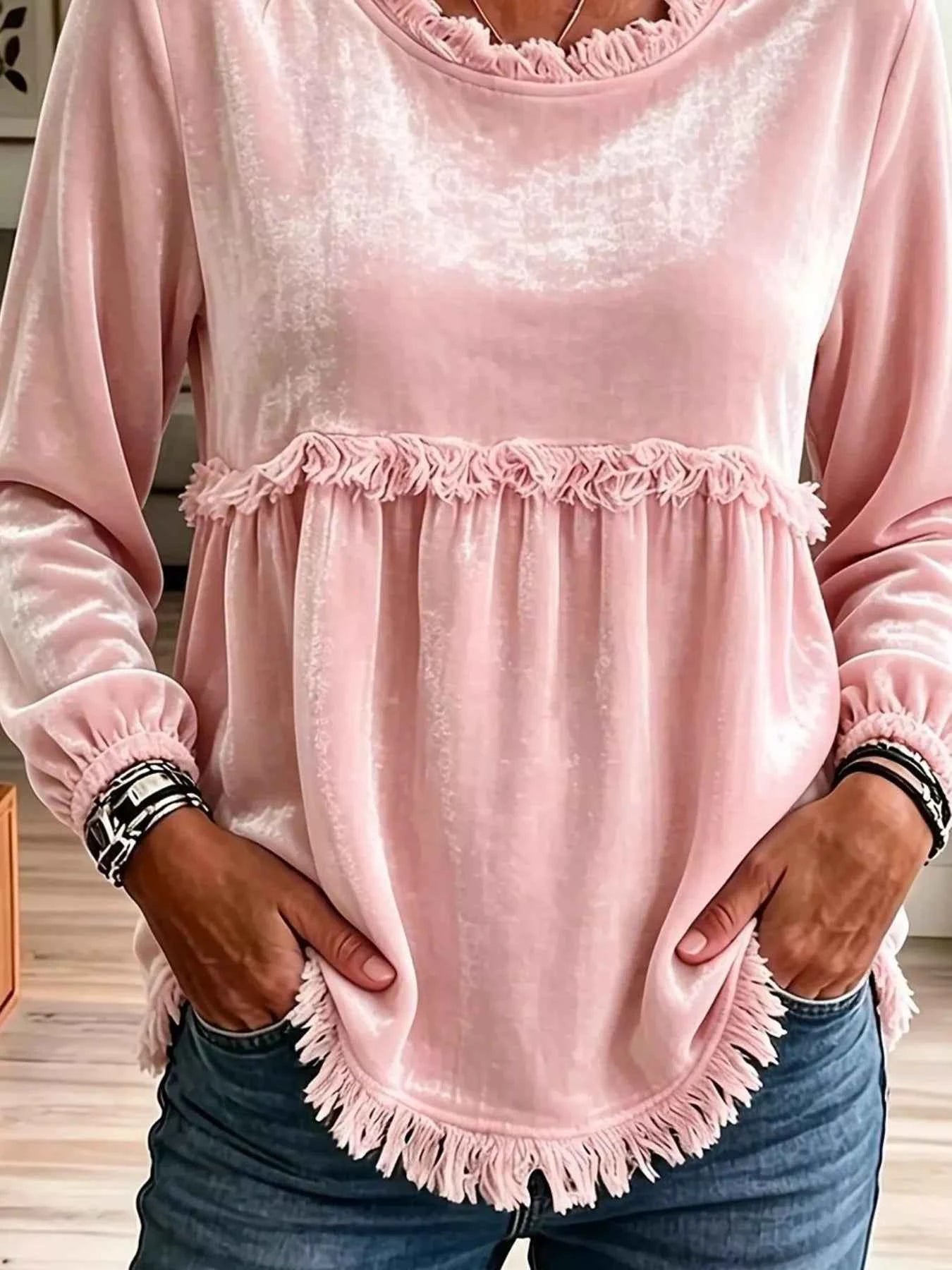 Velvet Fringe Long Sleeve Blouse