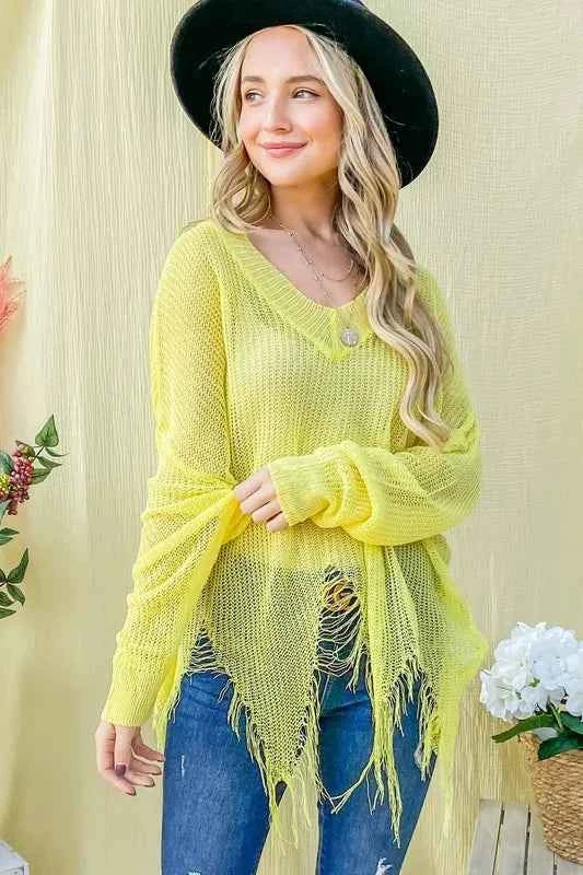 And The Why Distressed Mesh V Neck Spring Sweater Cover Up