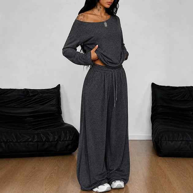 Loose-fitting Long-sleeve High-waist Straight-leg Pants Spicy-girl Casual Two-piece Set