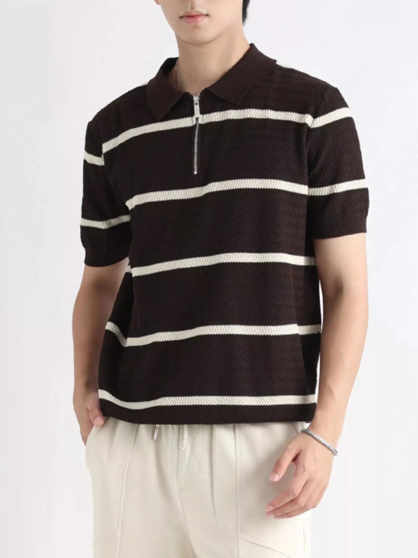 Men's Plus Size Striped Zip-Up Knit Polo