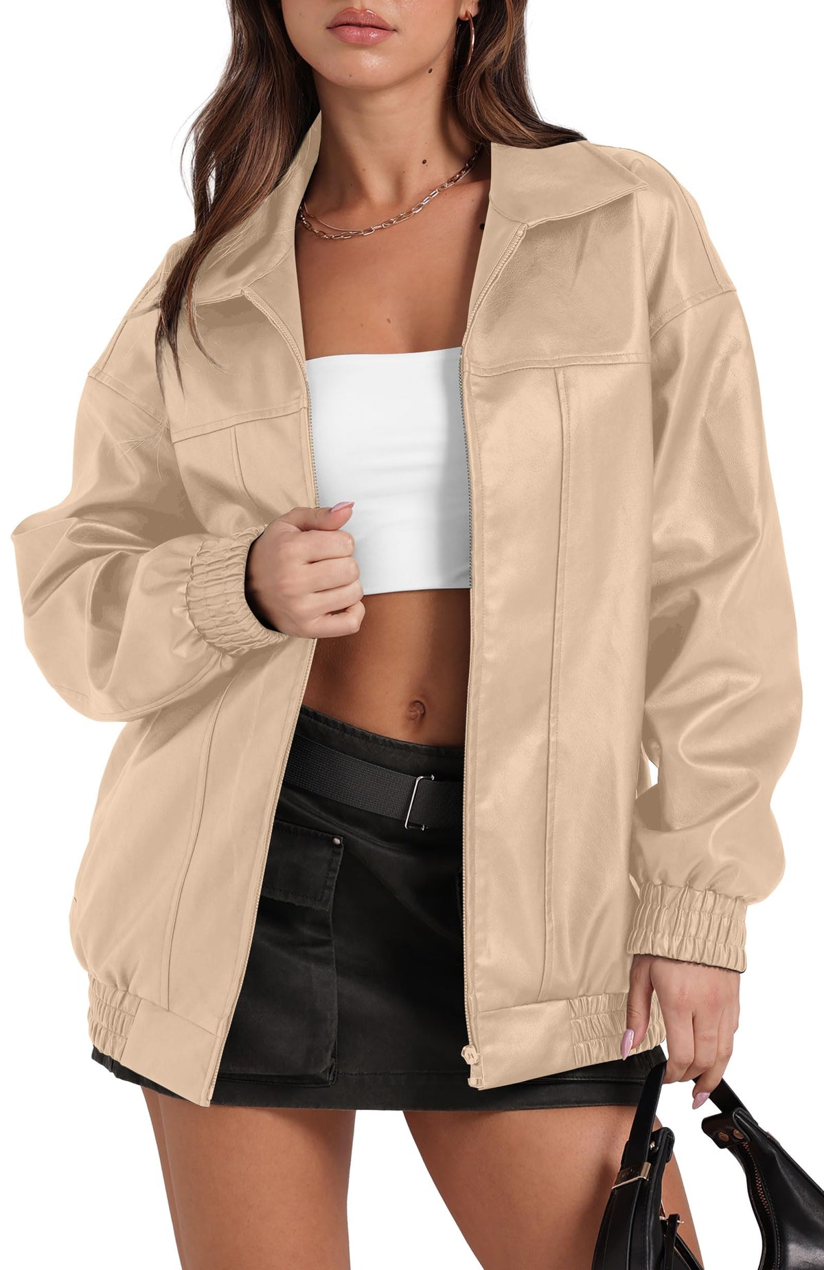 SAMPEEL Leather Jacket Women Faux Oversized Motorcycle Bomber Coats 2024 Fall Going Out Outfits Winter Clothes Apricot XS