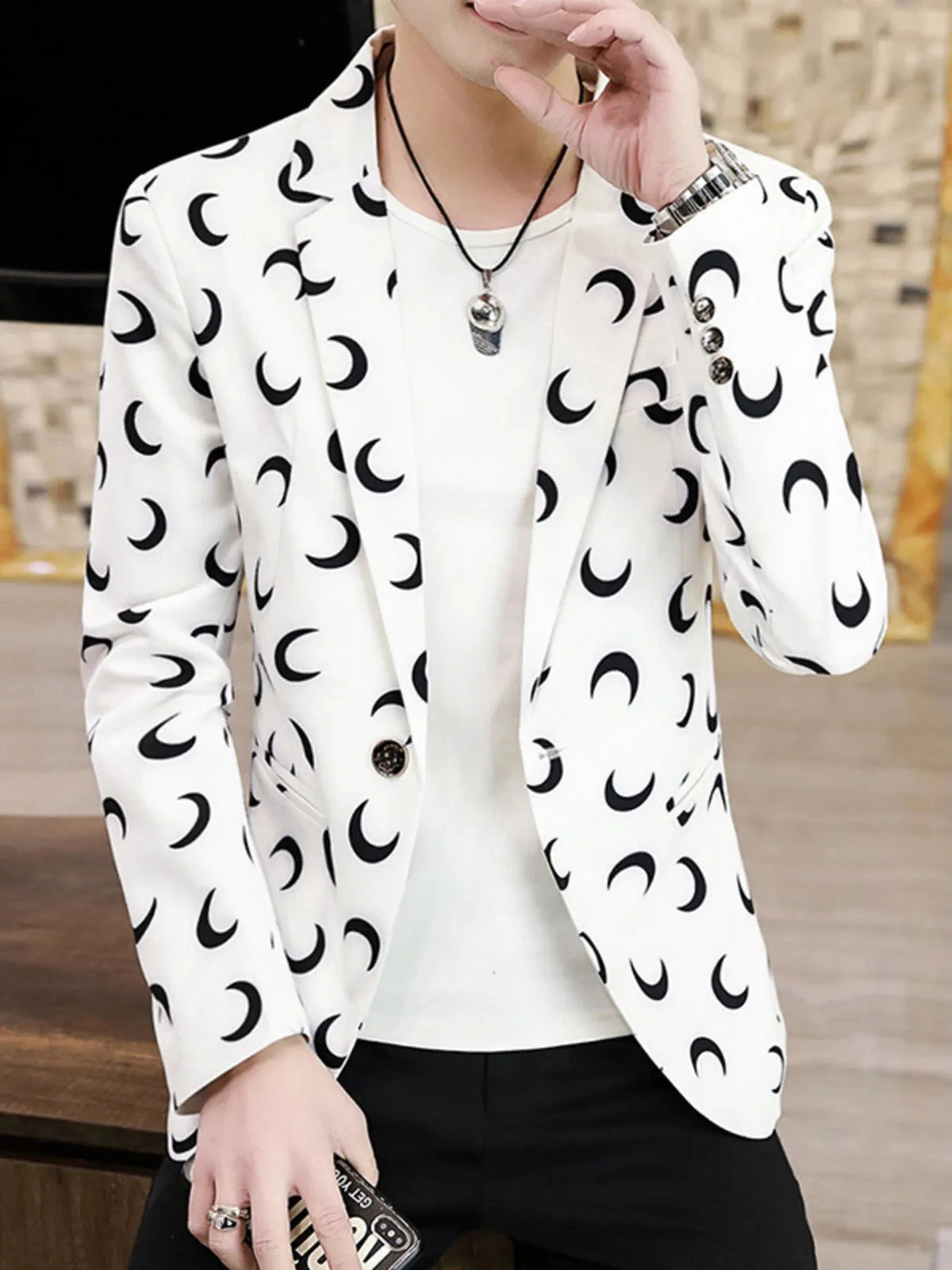 Men's Plus Size Crescent Moon Print One Button Blazer