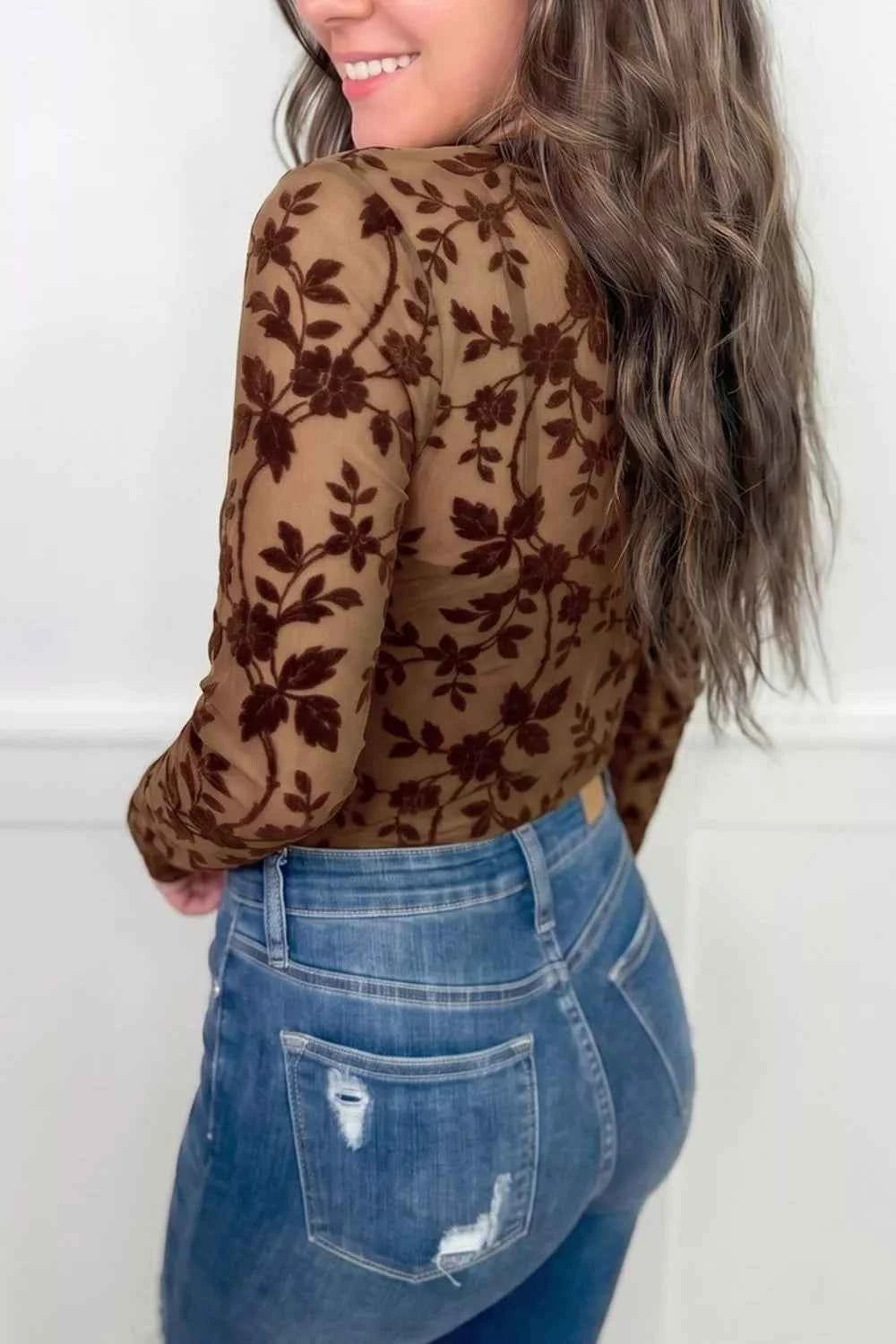 Floral Mesh Long Sleeve Round Neck Casual Sheath Top