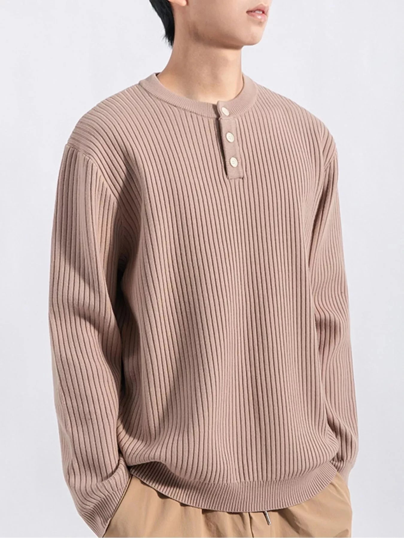 Men's Plus Size Ribbed Button Detail Knit Top